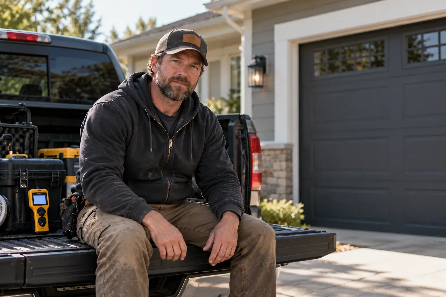 Chuck Dalem sitting on a pickup tailgate beside remediation equipment outside a home