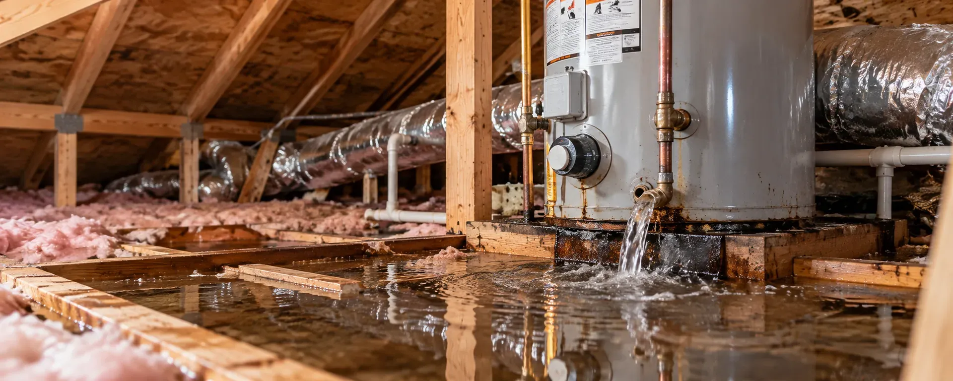 Water leaking from a water heater onto wet attic floorboards beside exposed rafters and pink insulation