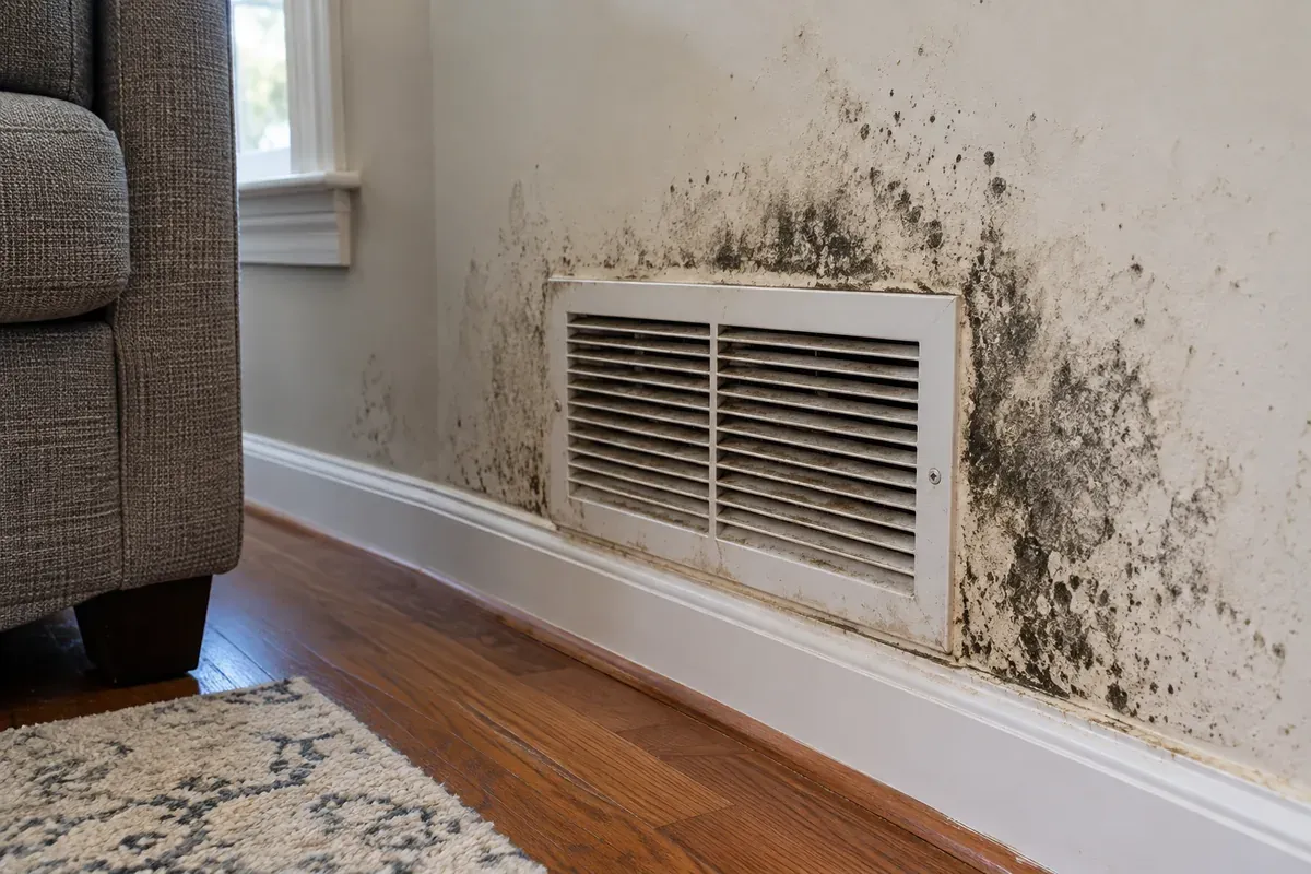 Mold growth on a living room wall around a floor-level air vent