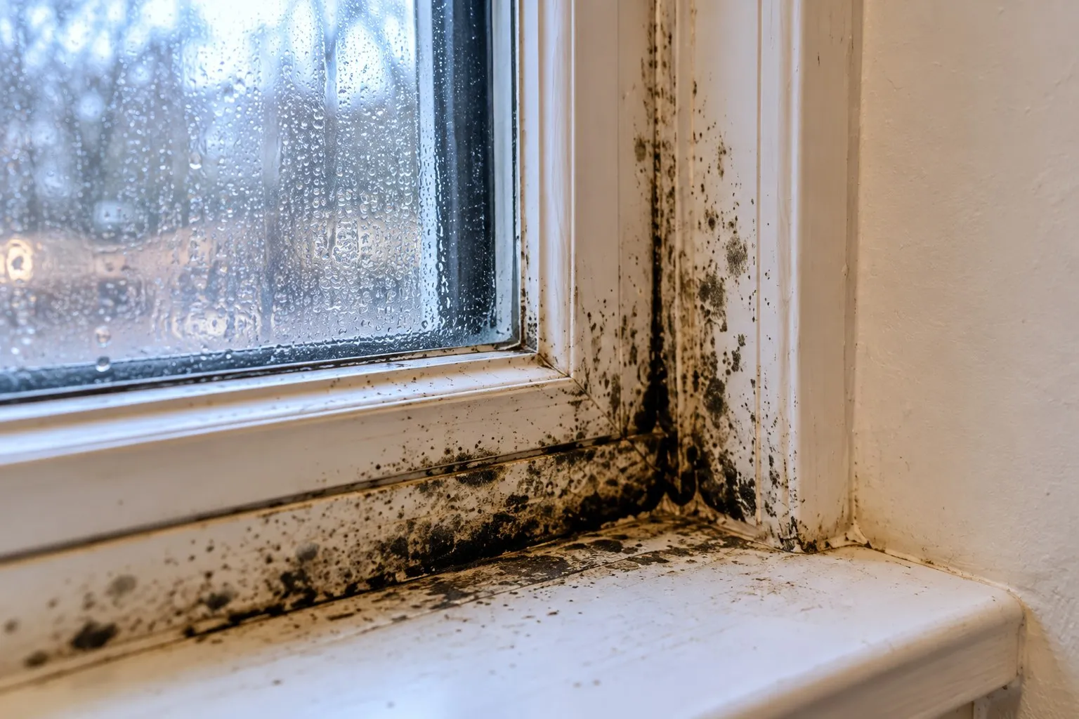 Black mold growing along a white window frame and sill with condensation on the glass