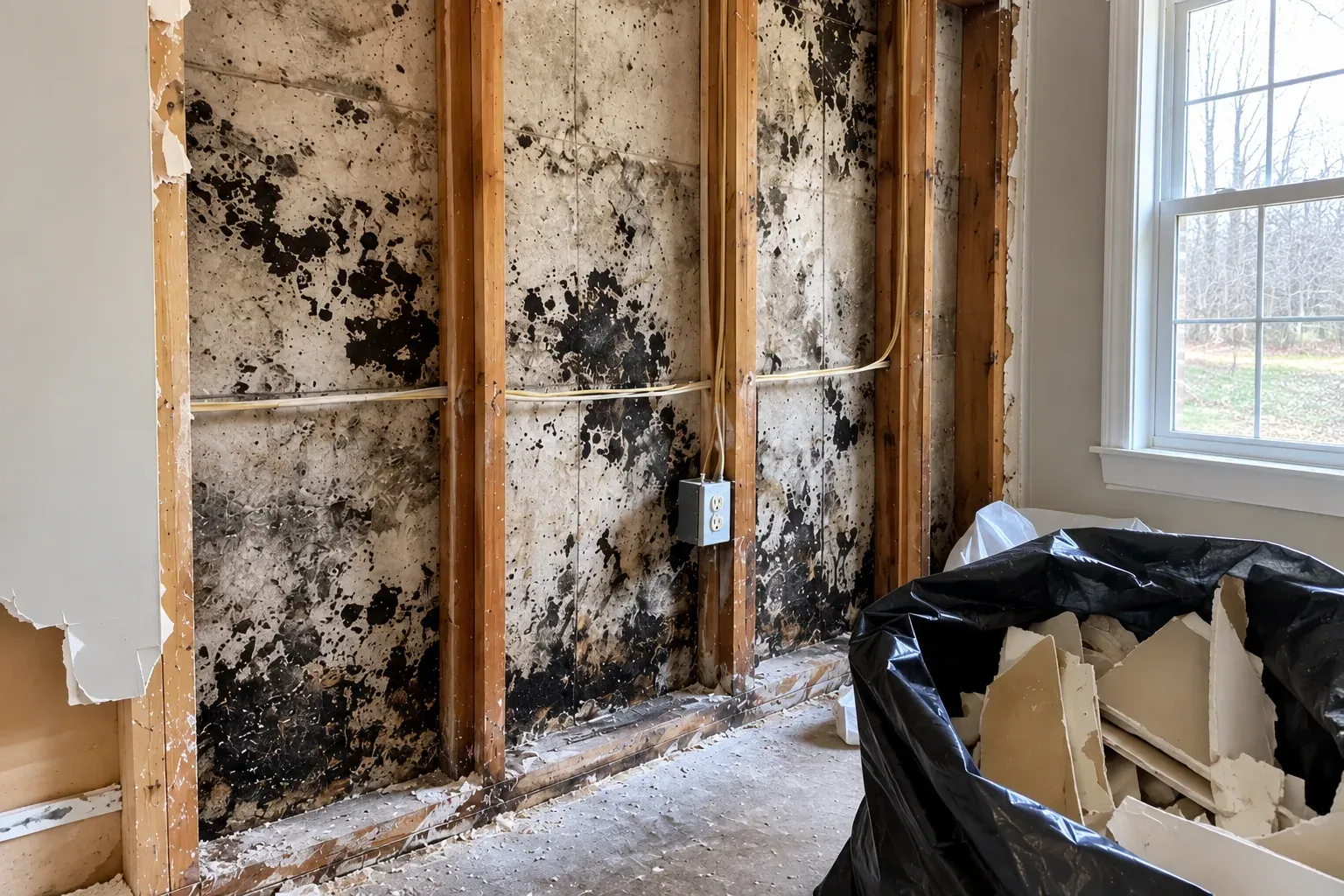 Mold growth on exposed basement wall framing beside a bag of removed drywall