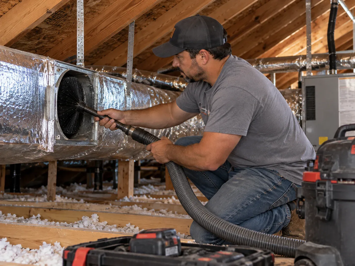 Technician cleaning the inside of an HVAC air duct