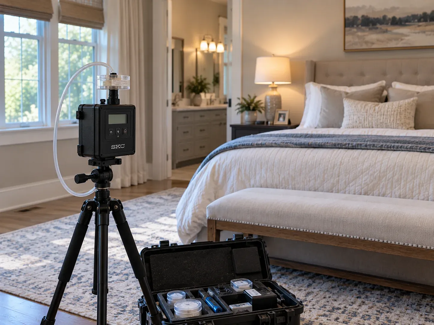 Air sampling pump on a tripod beside a bed with a sample case open on the floor