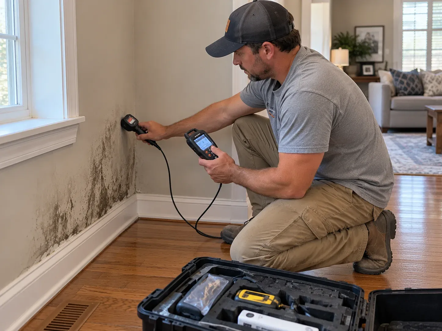Technician holding a moisture meter against a wall with dark mold staining below a window